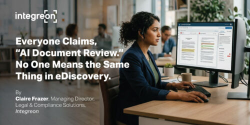 Integreon header banner showing a woman at a desk using a computer with a document-review interface; headline discusses AI document review in eDiscovery.