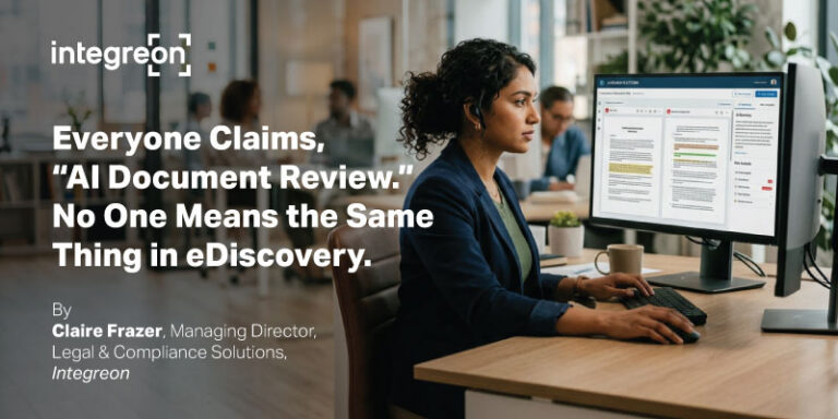 Integreon header banner showing a woman at a desk using a computer with a document-review interface; headline discusses AI document review in eDiscovery.