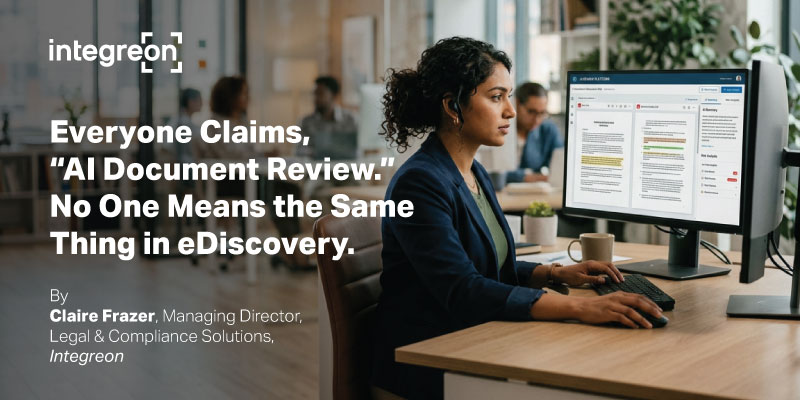 Integreon header banner showing a woman at a desk using a computer with a document-review interface; headline discusses AI document review in eDiscovery.