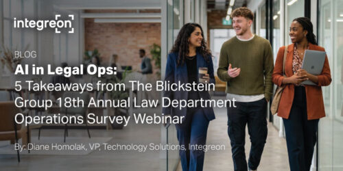 Blog hero image: three diverse colleagues walking in a modern office; title reads 'AI in Legal Ops: 5 Takeaways from The Blickstein Group 18th Annual Law Department Operations Survey Webinar' with author Diane Homolak, Integreon logo visible.