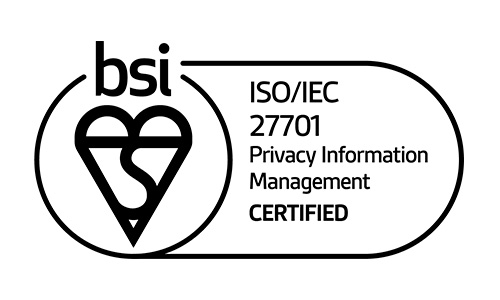 BSI ISO/IEC 27701 Privacy Information Management certified badge with shield/heart emblem and CERTIFIED text.