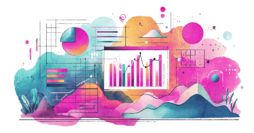 A series of colorful graphics and charts depicting business growth.