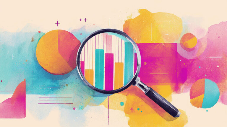 Magnifying glass over a colorful bar chart, symbolizing data analysis and exploration.