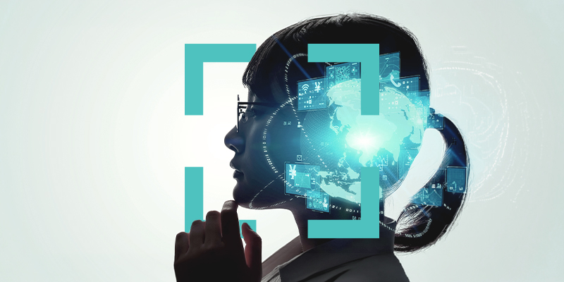 Side profile of a woman wearing a headset with holographic blue data screens around her, symbolizing AI support or telecommunication.