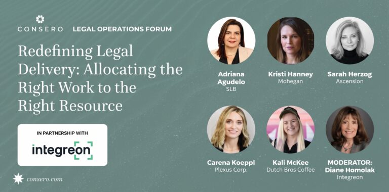 Banner for Consero Legal Operations Forum with the title 'Redefining Legal Delivery: Allocating the Right Work to the Right Resource' and circular speaker headshots alongside the Integreen logo.