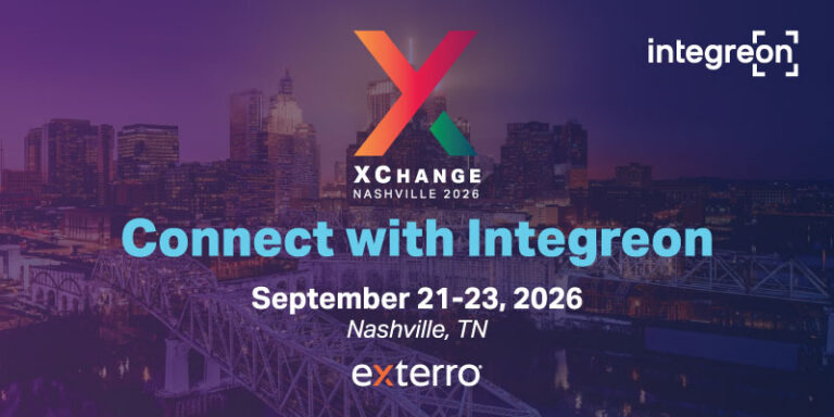 Promotional banner for XCHANGE Nashville 2026 with the headline 'Connect with Integreen', dates Sept 21–23, 2026 in Nashville, TN, and the Exterro logo at the bottom.