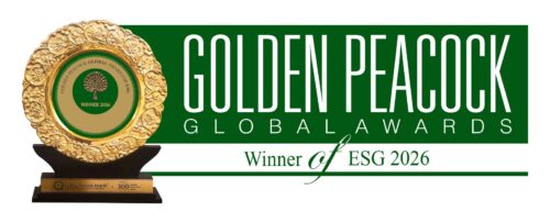Gold ornate Peacock Awards trophy on a black base next to a green banner reading 'GOLDEN PEACOCK GLOBAL AWARDS' with 'Winner ESG 2026' text.