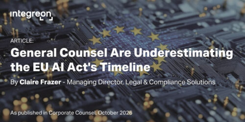 Hero banner for an article about General Counsel underestimating the EU AI Act timeline; by Claire Frazer on a dark circuit-board background with EU stars