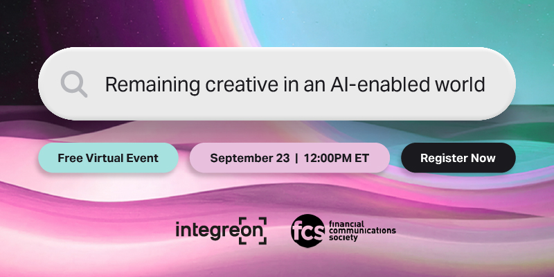 Promotional banner for a free virtual event: text reads ‘Remaining creative in an AI-enabled world’ with a rounded search-field style header and a 'Register Now' button, plus pastel event chips at the bottom.