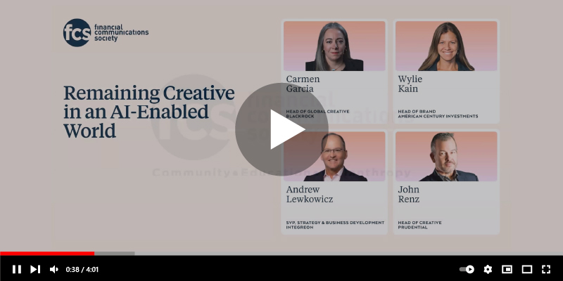 Video thumbnail for 'Remaining Creative in an AI-Enabled World' featuring four speakers from FCS: Carmen Garcia, Wylie Kain, Andrew Lewkowicz, and John Renz (logo included).