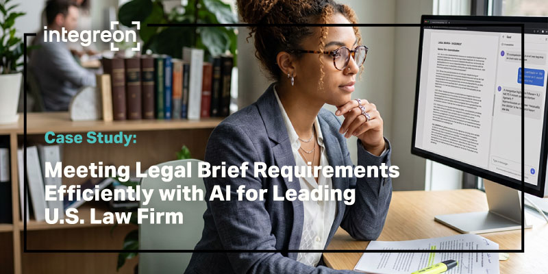 Professional woman in business attire at a desk, monitor showing text/chat; case study banner about AI for meeting legal brief requirements in a U.S. law firm