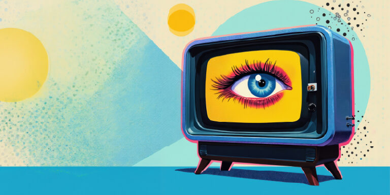 Retro CRT television with a bright yellow screen showing a large blue eye, set against a vivid abstract background (pop-art style).