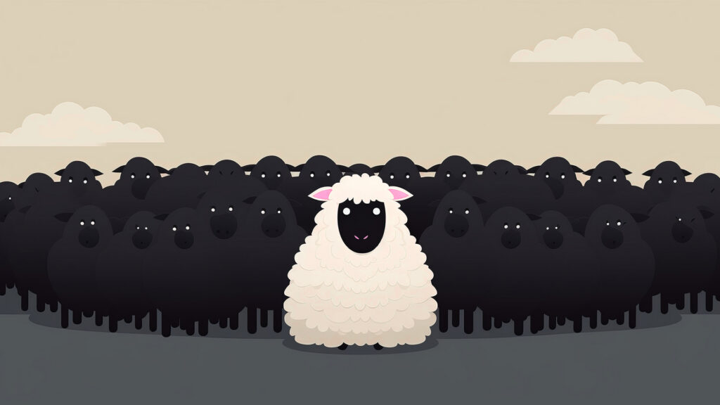 White sheep standing out from a crowd of black sheep under a beige sky with clouds.