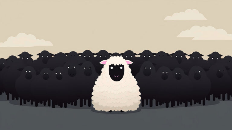 White sheep standing out from a crowd of black sheep under a beige sky with clouds.