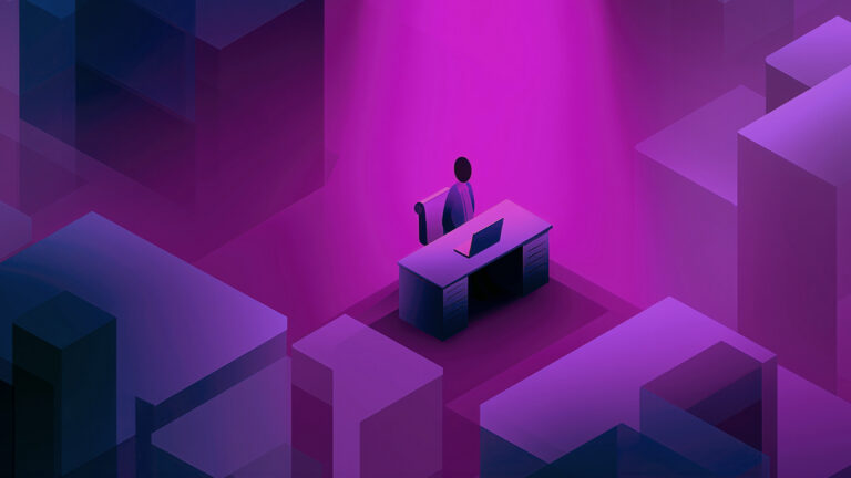 Isometric illustration of a person seated at a desk with a laptop, surrounded by purple geometric blocks in a neon setting.