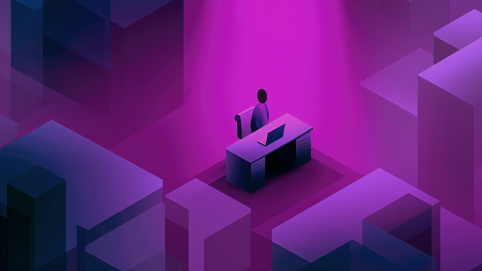 Isometric illustration of a person seated at a desk with a laptop, surrounded by purple geometric blocks in a neon setting.