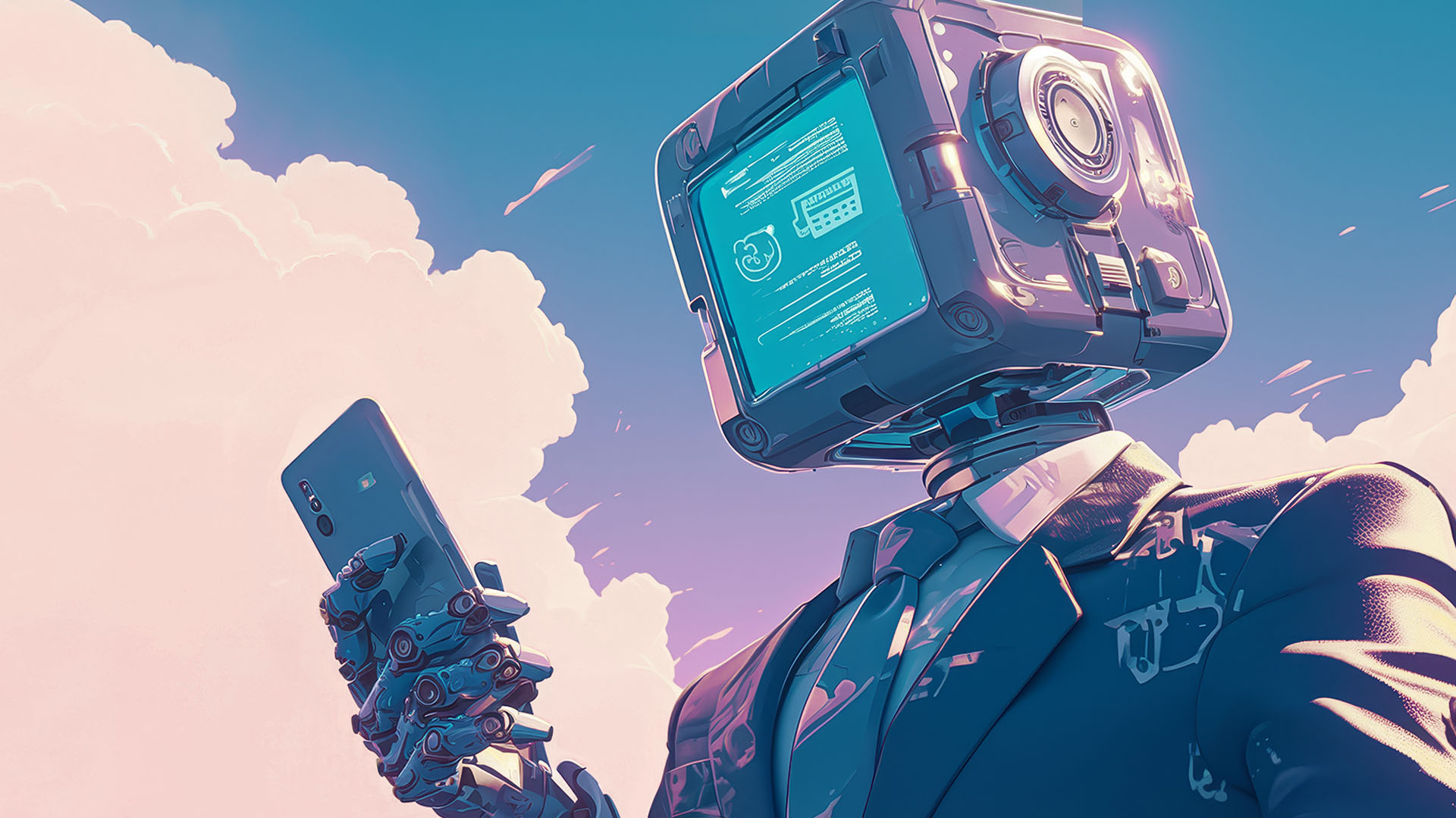 Futuristic robot holding a smartphone to take a selfie against a blue sky with pink-tinged clouds.