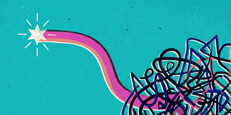 Abstract graffiti with a purple-pink curved beam ending in a white star, sweeping into a tangle of black and blue scribbles on a teal background.
