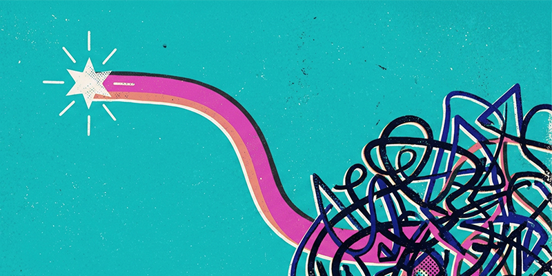 Abstract graffiti with a purple-pink curved beam ending in a white star, sweeping into a tangle of black and blue scribbles on a teal background.