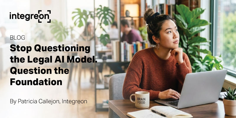 Blog hero: woman with a bun in a red sweater sits at a laptop in a bright cafe, overlaid with the article title about legal AI foundations.