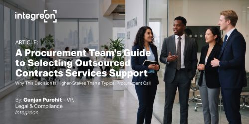 Four diverse professionals in business attire discuss in a modern office; overlay shows an article title about a procurement team's guide to selecting outsourced contracts services (Integreon logo upper left).