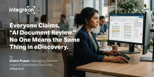 Integreon header banner showing a woman at a desk using a computer with a document-review interface; headline discusses AI document review in eDiscovery.