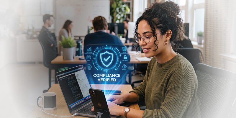 Woman at a desk using a phone and laptop with a holographic 'Compliance Verified' shield nearby, in an office setting.