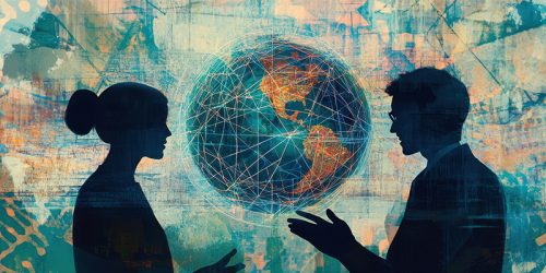 Two silhouettes face each other on either side of a glowing globe connected by network lines, symbolizing global communication.