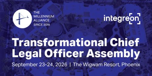 Banner for Transformational Chief Legal Officer Assembly, Sept 23–24, 2026, The Wigwam Resort, Phoenix, with Millennium Alliance and Integreon logos.