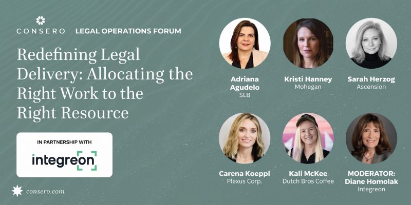 Banner for Consero Legal Operations Forum with the title 'Redefining Legal Delivery: Allocating the Right Work to the Right Resource' and circular speaker headshots alongside the Integreen logo.