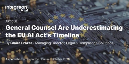 Hero banner for an article about General Counsel underestimating the EU AI Act timeline; by Claire Frazer on a dark circuit-board background with EU stars
