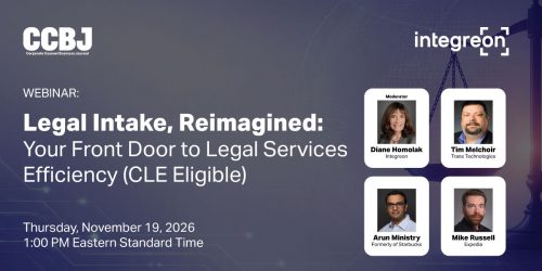 Webinar banner with title 'Legal Intake, Reimagined: Your Front Door to Legal Services Efficiency (CLE Eligible)' and logos; features four rounded portrait cards of speakers: Diane Homolak (Moderator, Integreon), Tim Melchoir (Trane Technologies), Arun Ministry (Formerly of Starbucks), and Mike Russell (Expedia).