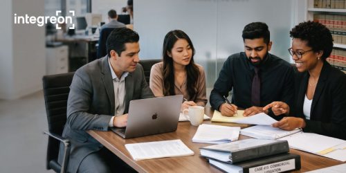 Four professionals collaborate at a conference table in a bright office, with a laptop, documents, and coffee, Integreen logo in the corner.