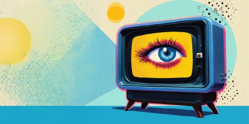 Retro CRT television with a bright yellow screen showing a large blue eye, set against a vivid abstract background (pop-art style).