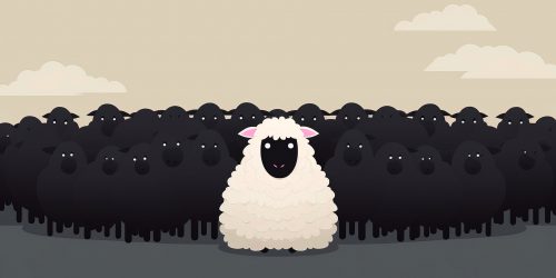 White sheep standing out from a crowd of black sheep under a beige sky with clouds.