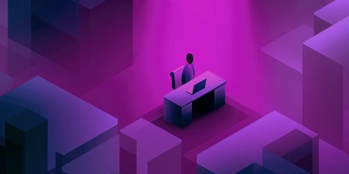 Isometric illustration of a person seated at a desk with a laptop, surrounded by purple geometric blocks in a neon setting.
