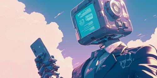 Futuristic robot holding a smartphone to take a selfie against a blue sky with pink-tinged clouds.