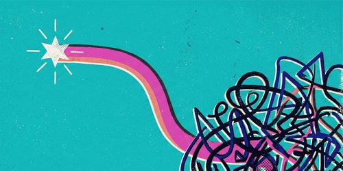 Abstract graffiti with a purple-pink curved beam ending in a white star, sweeping into a tangle of black and blue scribbles on a teal background.