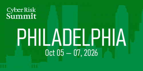Green CyberRisk Summit banner with skyline silhouette, bold 'PHILADELPHIA', and dates Oct 05–07, 2026.