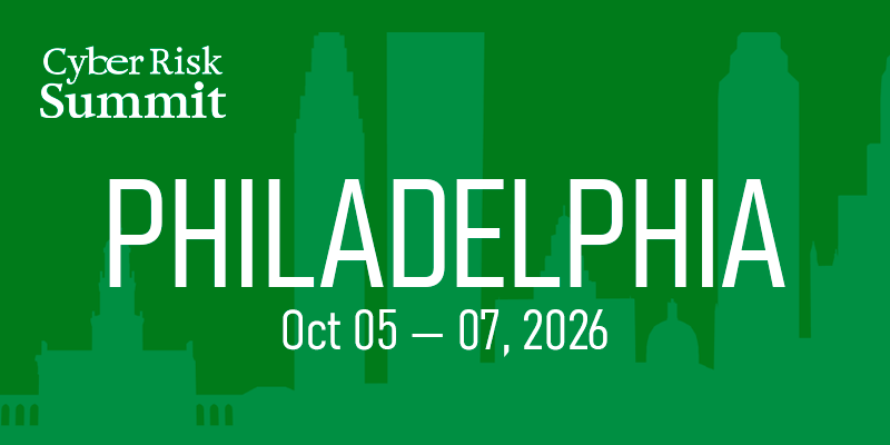Green CyberRisk Summit banner with skyline silhouette, bold 'PHILADELPHIA', and dates Oct 05–07, 2026.