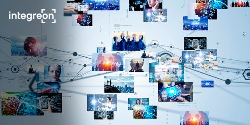 Screens and images connected by technology nodes.