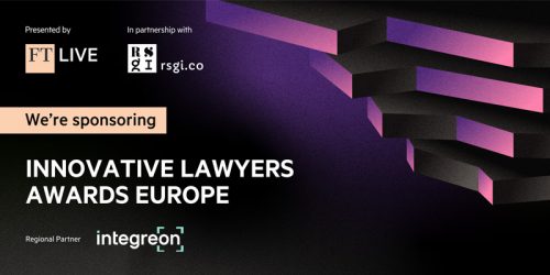 Sponsorship banner for Innovative Lawyers Awards Europe with the 'We’re sponsoring' label, sponsor logos, and a purple-black geometric background.