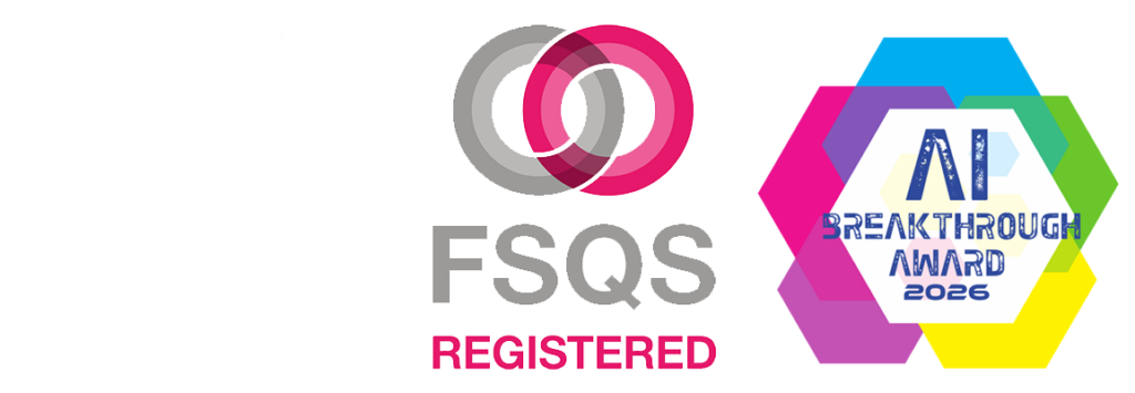 FSQS Registered logo with overlapping gray and pink rings, beside a multicolor AI Breakthrough Award 2026 hexagonal badge.