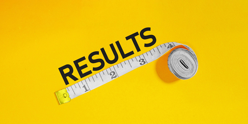 White tape measure unrolled across a bright yellow background with the word RESULTS printed along it.