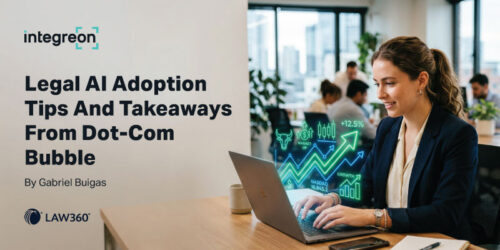 Banner: 'Legal AI Adoption Tips And Takeaways From Pot-Com Bubble' with logos, a woman in a blazer typing on a laptop at a desk with holographic charts.