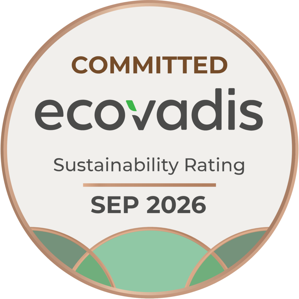 Circular badge stating 'COMMITTED' and 'ecovadis' with Sustainability Rating and SEP 2026 date