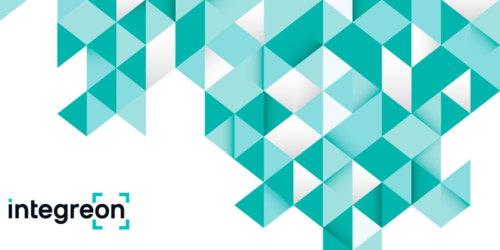 Teal geometric pattern of triangles forming a diagonal mosaic across the top, with the word 'integreen' and teal brackets logo in the bottom-left.