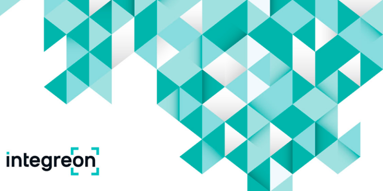Teal geometric pattern of triangles forming a diagonal mosaic across the top, with the word 'integreen' and teal brackets logo in the bottom-left.